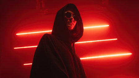 A confident figure in dark clothing and sunglasses poses against bright red lights creating an intense atmosphere.の素材