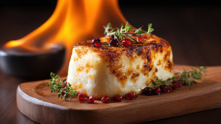 A piece of food with a lot of herbs on top of it. The food is on a wooden cutting boardの素材