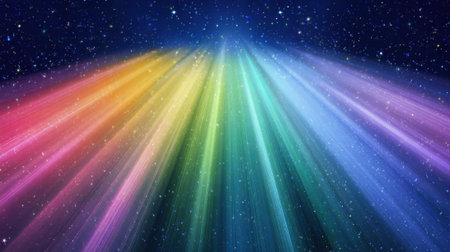 Colorful beams spread across the night sky blending hues and illuminating a star filled backdrop.の素材