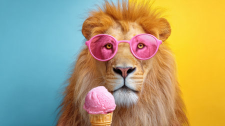 A lion tastes a pink ice cream cone while looking stylish in bright pink sunglasses.の素材