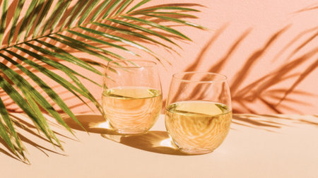 Two clear glasses filled with yellow drink sit next to lush palm fronds creating a relaxing vibe.の素材
