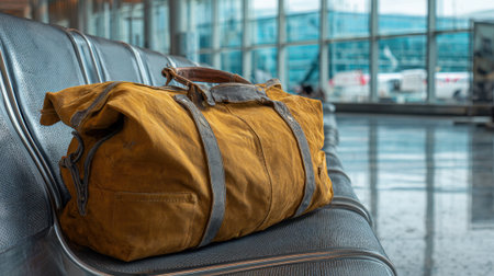 A worn yellow bag sits alone on a bench surrounded by glass and travelers in the busy airport.の素材