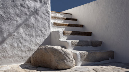 A stone staircase leading up to a building. The steps are made of stone and the building is whiteの素材
