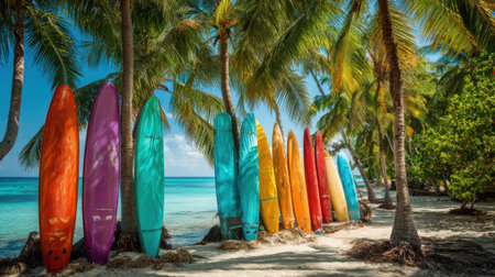 Vibrant surfboards stand proudly on a sandy beach surrounded by lush palm trees and clear blue water.の素材