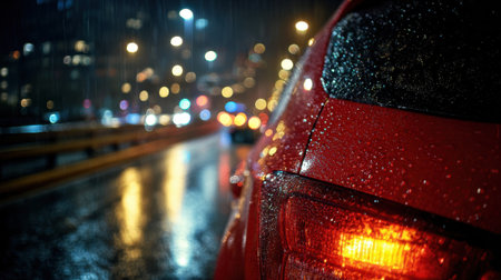A vibrant scene of a red car parked on a rainy street with city lights glowing in the wet night.の素材