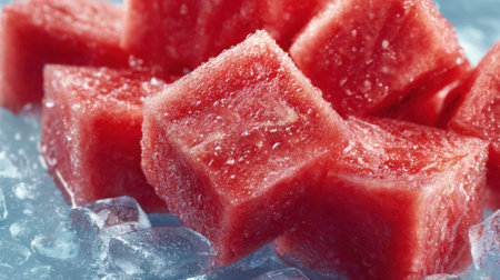 Colorful watermelon cubes rest on a bed of ice perfect for refreshing summer snacks at gatherings.の素材