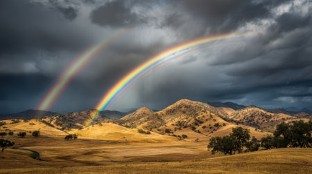A stunning double rainbow forms above rolling hills contrasting with dark storm clouds nearby.の素材