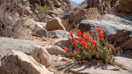 Vivid red flowers flourish between large rocks in a sunlit desert showcasing natures resilience.の素材