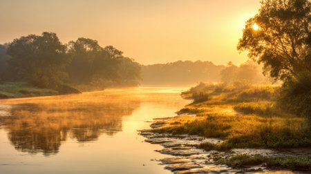 Morning light illuminates the peaceful river creating a magical scene of mist and natures beauty.の素材