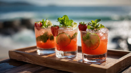Three colorful cocktails with fresh strawberries and mint are placed on a tray by the ocean.の素材