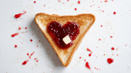 Golden toast topped with rich red jelly in the shape of a heart enhanced by a pat of butter.の素材