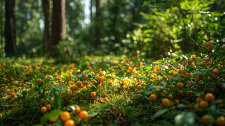 A rich green forest floor filled with bright orange fruits creates a magical serene atmosphere.の素材