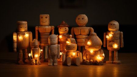 A group of wooden figures stands together adorned with glowing lights creating a joyful scene.の素材