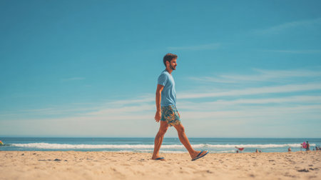 A man strolls leisurely on the beach surrounded by golden sand and gentle waves basking under the sun.の素材