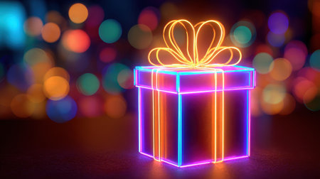 A glowing gift box with colorful lights rests on a surface creating a joyful atmosphere.の素材