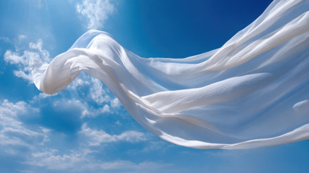 Silk fabric flows elegantly in the air dancing with the gentle breeze under a bright blue sky.の素材