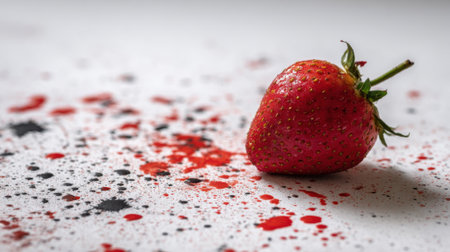 A fresh strawberry rests on a textured surface surrounded by vivid splatters of red and black paint.の素材