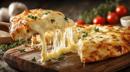 A steaming hot cheese pizza is being lifted from a wooden board streched with gooey cheese and fresh herbs.の素材