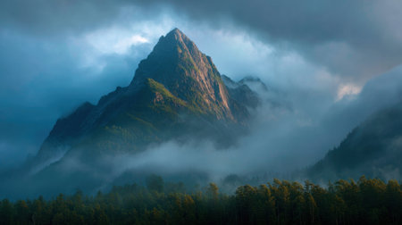 A majestic mountain stands tall amidst thick fog illuminated by soft twilight light.の素材