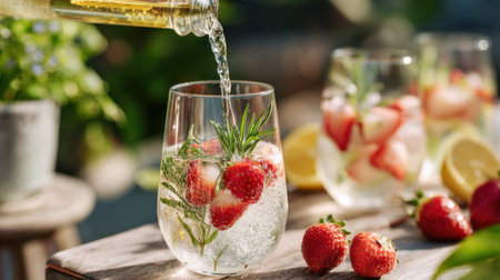 In a vibrant garden a drink is being poured into a glass filled with fresh strawberries and herbs.の素材