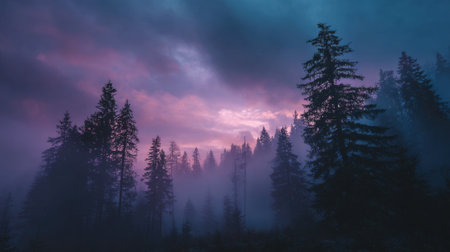 Vibrant hues of purple and blue fill the sky as mist settles among tall pine trees in a tranquil forest.の素材