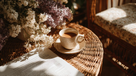 Warm sunlight filters through flowers on a table holding a cup of coffee and a book.の素材