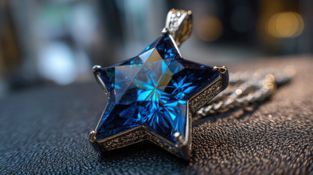 A stunning star shaped pendant made of blue crystal rests on a dark surface catching the light.の素材