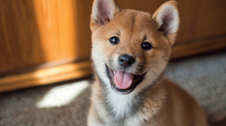 A joyful shiba inu puppy smiles brightly glowing in the warm sunlight of a friendly home.の素材