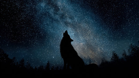 A lone wolf stands silhouetted against a stunning night sky filled with stars creating a peaceful atmosphere.の素材
