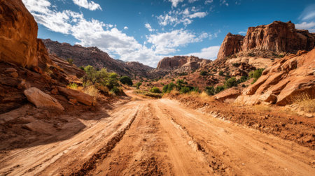 Winding dirt path stretches through vibrant red rocks and lush greenery under a sunny skyの素材