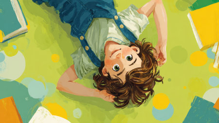 A child lies on a vibrant green floor lost in thoughts surrounded by colorful books and playful shapes.の素材