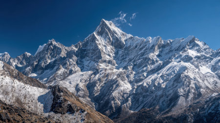 Breathtaking mountains rise high against a vibrant blue sky displaying snowy slopes and rugged beauty.の素材