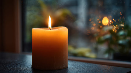 A single candle burns gently on the table illuminating the cozy room as dusk settles outside.の素材
