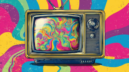 A retro TV sits amidst swirling vibrant colors bringing a lively and nostalgic atmosphere.の素材