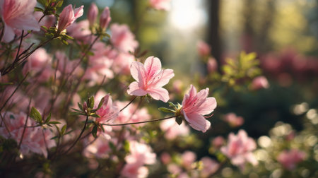 Delicate pink flowers bloom in a tranquil garden as soft sunlight filters through trees.の素材