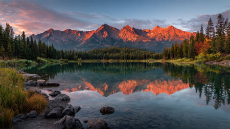 Mountains glow in warm light as the lake reflects their beauty and trees frame the scene at dusk.の素材
