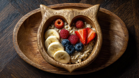 A cozy breakfast scene features creamy oatmeal adorned with vibrant berries and bananas served in a unique owl shaped bowl.の素材