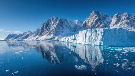 Majestic mountains and towering icebergs create a breathtaking Arctic scene during a sunny day.の素材