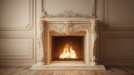 A cozy fire flickers in a meticulously designed marble fireplace adding warmth to the room.の素材