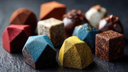 Vibrant geometrical chocolates arranged artistically highlighting various colors and textures over a dark background.の素材