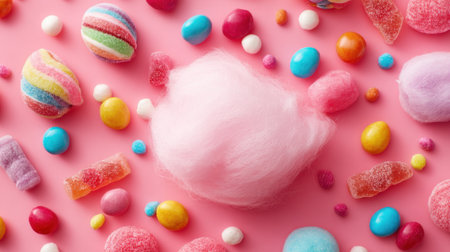 A vibrant assortment of candies and fluffy cotton candy creates a festive mood for any event.の素材