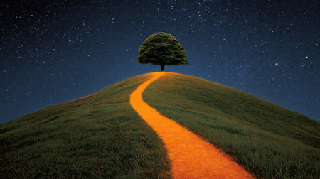 A bright orange path winds up a hill leading to a lone tree beneath a vast starry sky.の素材