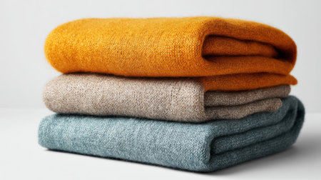 Soft and warm woolen blankets in orange grey and teal arranged neatly inviting comfort and warmth.の素材