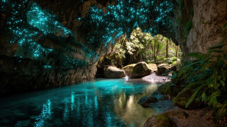 Bright magical lights twinkle within a dark cave illuminating lush greenery and calm waters.の素材