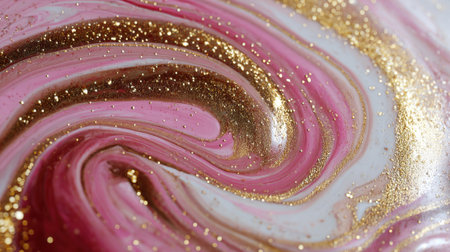 Colorful swirls of pink white and gold blend together forming a stunning abstract pattern full of texture.の素材