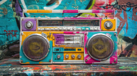 A vividly painted boombox leaning on a graffiti covered wall showcasing street art.の素材