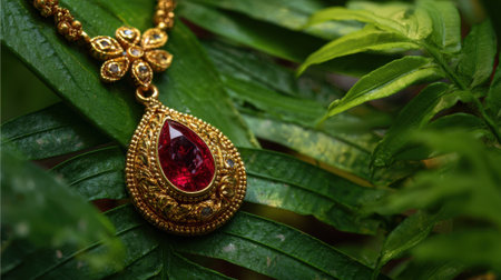 A beautiful ruby pendant glimmers on vibrant green leaves surrounded by natures beauty and charm.の素材