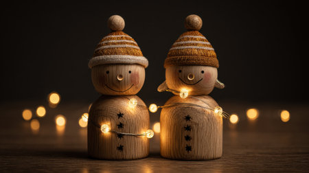 Two delightful wooden snowmen stand close together wrapped in warm lights evoking holiday joy.の素材
