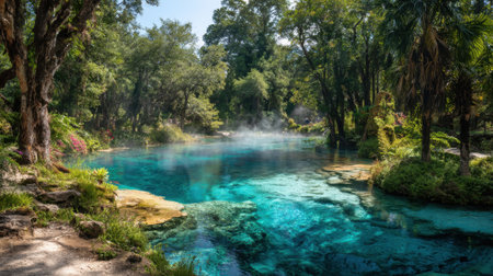 Sunlight dances on the clear waters of a hidden oasis surrounded by lush trees and vibrant flowers.の素材