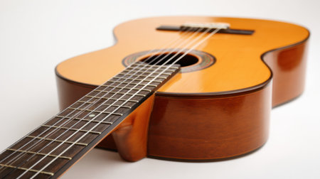 A stunning wooden guitar rests on a clean surface ready for musicians to share their melodies.の素材